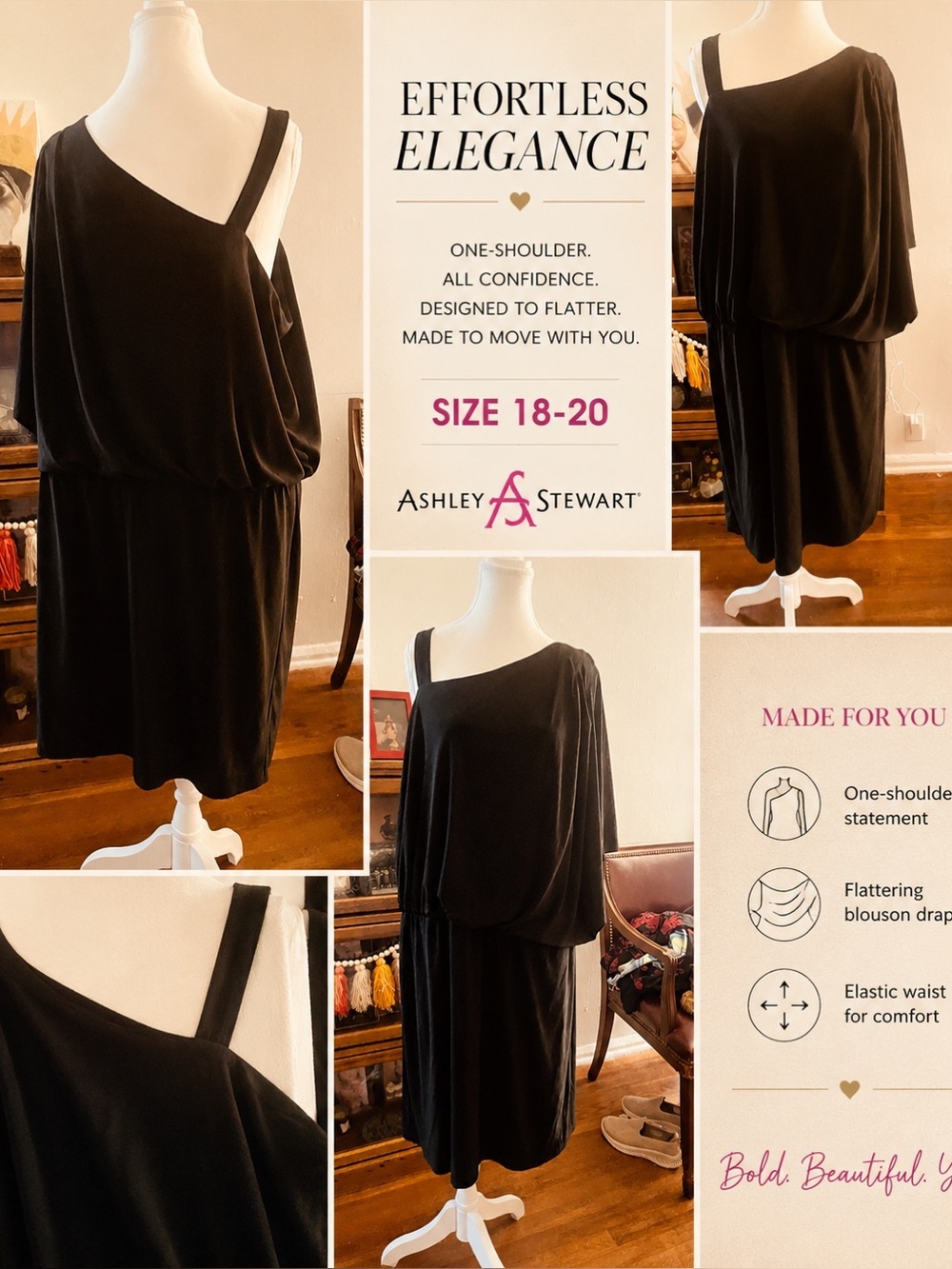 Ashley Stewart Black One-Shoulder Blouson Dress
